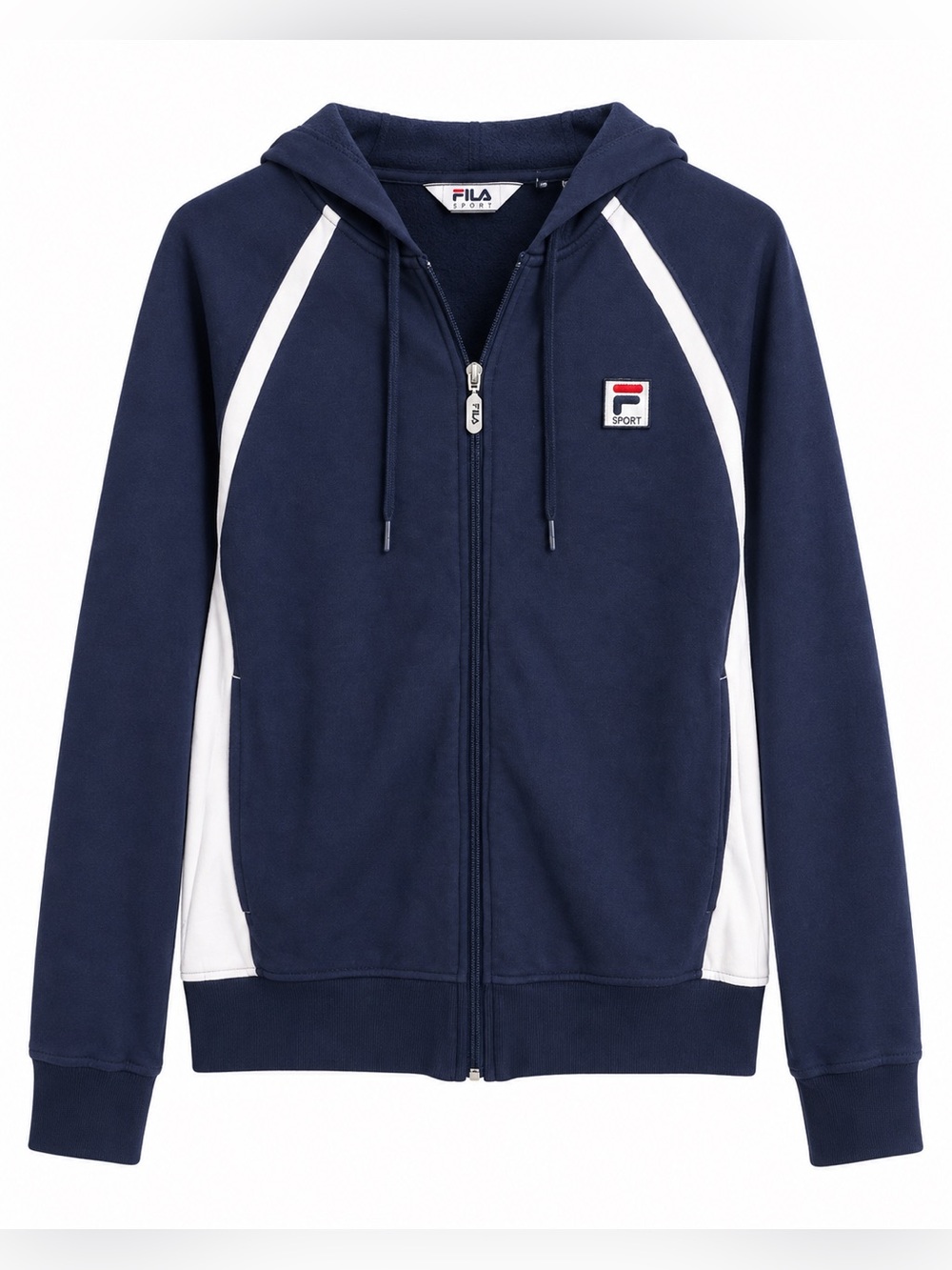 FILA Sport Women’s Small Navy Blue Full Zip Hoodie White Stripe Y2K Athletic Jac